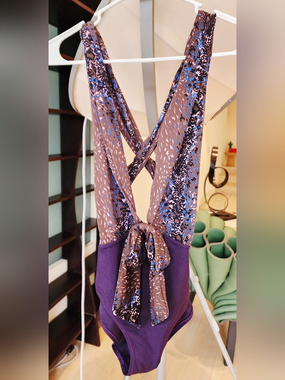 Balenciaga Purple Floral One-Piece Swimsuit With Deep V-Neck And Bow Tie Size M - Picture 2 of 9
